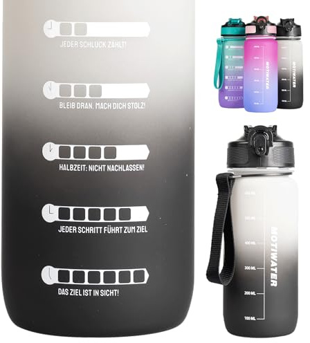 Trinkflasche 0.6L, deutsch, Motivation, Spühlmaschinen geeignet, Wasserflasche Auslaufsicher, BPA Frei, Sportflasche mit Zeitmarkierung, Uhrzeit, für Schule, Sport (Schwarz/Weiss)