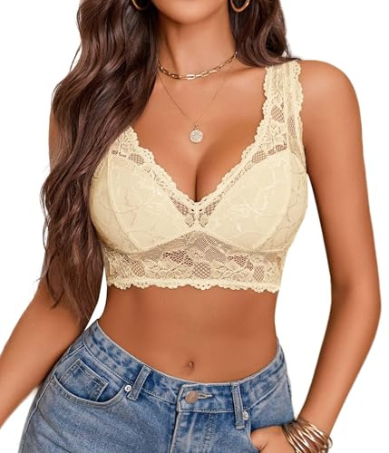 Avidlove Crop Tops Camiseta Interior de Encaje para Mujer Top Sexy Escote en V Sin Aros Festival Beige XXL