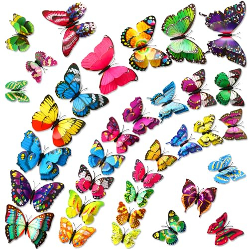 SEPGLITTER 60 Pcs Double Layer Butterfly Wall Decor, 3D Butterflies Stickers with Magnets for Spring Home Party Wedding Birthday Refrigerator Decal and DIY Craft Cake Decorations