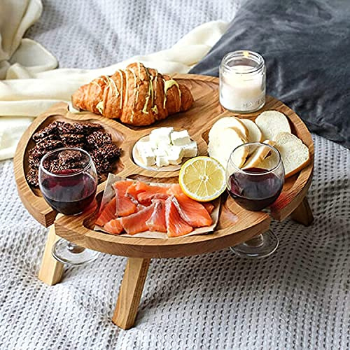 Outdoor Wine Picnic Table Folding Portable Wood Wine Glasses & Bottle Table for At Beach Ideal Wine Lover Gift Snack and Cheese Holder Tray
