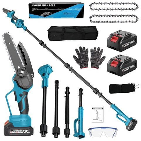 2 in 1 Cordless Pole Saw, 6 Inch Electric Telescopic Chainsaw with 4 Extension Pole (Max 8.5FT Reach), 180° Adjustable & 2x3.0Ah Batteries, Lightweight Pole Chainsaw for Tree Trimming & Branch Cutting