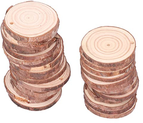 OEBUAFI Pine Wood Slices, 30Pcs Bark Edge Wood Chips for DIY Craft Projects, 4 to 7cm Rustic Wooden Coasters and Holiday Decorations