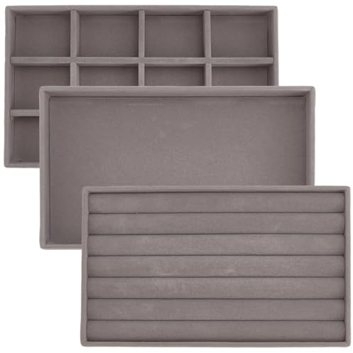 SOFPLATE 3 pièce 3 styles Plateaux de Rangement Empilables Gris Inserts de Tiroir en Velours Plateaux de Rangement Personnalisables pour Bagues Boucles D'Oreilles Colliers et Bracelets Présentoir pour