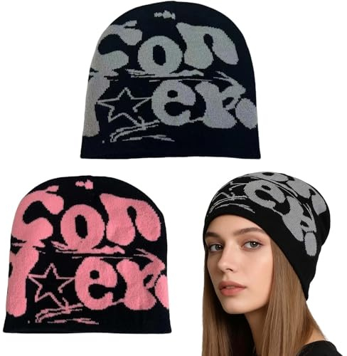 GYIOFAI 2 Stück Y2K Hip-Hop Beanies Mütze für Damen Herren, Schwarz Rosa Streetwear Winter Warme Mütze Gothic Gestrickt Skull Cap Coole Mützen Knitted Hat für Reisen Ski Outdoor (2 Farben)