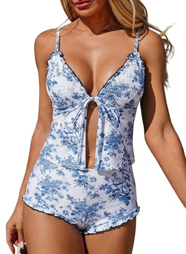 ZAFUL Tankini Swimsuits for Women Tie Front Floral Gingham Ruffle Trim Two Piece Bathing Sets with High Waist Bottom(1-Light Blue, M)