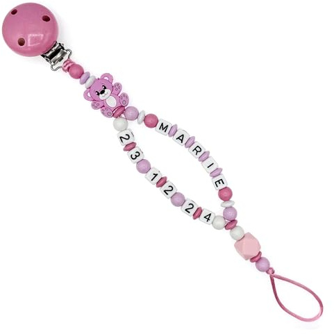 Nuckelkette mit Doppelnamen Geburtsdatum  BÄR/TEDDYBÄR  Babyrosa Rosa Weiß/Baby/Unisex/Personalisiert/HANDMADE