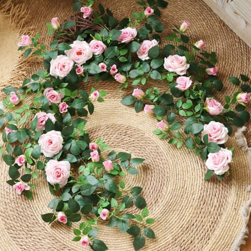 Shyshining 5.9FT Bendable Rose Flower Garlands, Artificial Silk Wild Roses Vine Hanging Flowers for Wall Fireplace Fence Trellis Wedding Baby Shower Home Spring Decor(Pink,2PC)