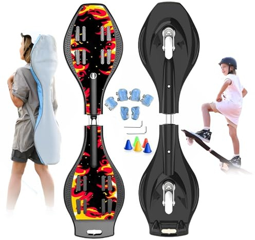 ZQHQKJ Waveboard Kinder, Streetsurfing Snakeboard Waveboards mit Leuchtrollen, Skateboard für Kinder und Jugendliche, Bis 100 kg, 87x23x12,5 cm,Feuer qilin rot