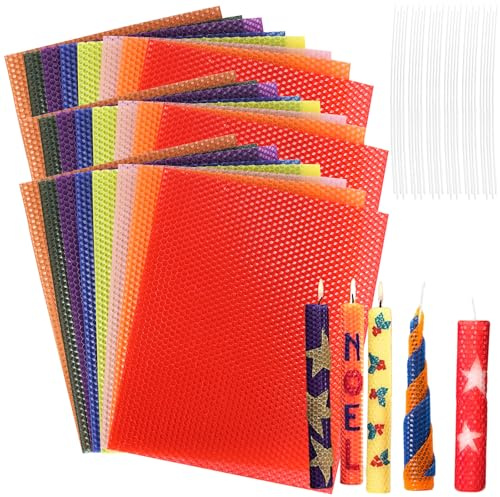 ASMIZ 24 Pack Beeswax Sheets for Candle Making, 20 x 25 cm Wax Sheets | Colourful Honeycomb Sheets, Candle Making Kit with Cotton Wick for Adults and Family Crafts