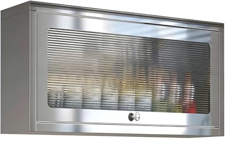 304 Rostfritt Stål Väggmonterat Skåp 220mm Djup Uppåtriktat Öppnande Förvaringsskåp med Ribbad Glastür Tysta Hydrauliska Skarvar for kök Balkong Hörnväggskåp(90cm(36in))