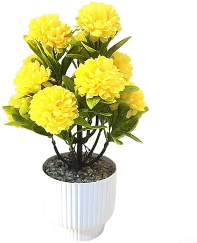 Bola floral de crisantemo artificial en maceta de plástico con flores de tela de seda, adecuada para sala de estar, dormitorio u oficina (amarillo)