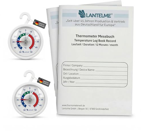 Lantelme 2 stycken analog kylskåpstermometer +/-50 °C för upphängning med självhäftande dyna + 2 stycken termometer dokumentationsbok DIN A5 12 månader 3 gånger om dagen – för kylskåp frys