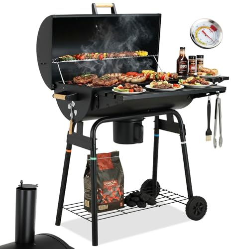 TLSUNNY Träkolgrill, grillvagn, trädgårdsgrill med skorsten, termometer, avtagbar asklåda, fällbara hyllor, 2 hjul, BBQ smoker för trädgård, terrass, camping och grillfester