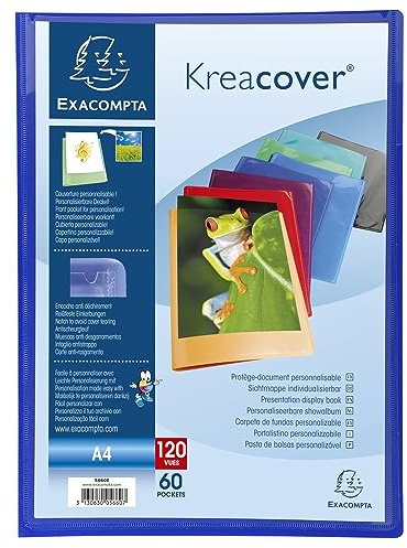 Exacompta 5660E Sichtmappe KreaCover aus Kunststoff DIN A4 mit 60 Klarsichthüllen, 120 Sichten, Tasche am Vorderdeckel zum selbstgestalten, Aktenhülle, Prospekthülle, 1 Stück Zufallsfarbe