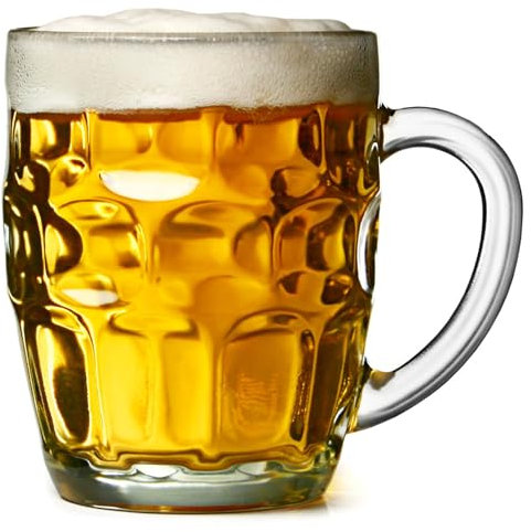 Drinkstuff Great British Pint Glass Tankards – Set of 4 Dimpled Glass Mugs with Handle, 568ml Pint Glasses for Beer, Ale & Lager – Dishwasher Safe, Gift Boxed