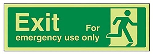 Señal de salida de emergencia a la derecha, en inglés, de VSafety Signs (21013AX-S), con lema «Exit. Exit For Emergency Use Only»; autoadhesivo, horizontal, 300 x 100 mm en color verde