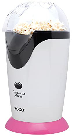 Sogo Palomitero, 1200 W, Rosa y Blanco - Rápido y eficiente, ideal para noches de cine y fiestas. No requiere aceite, fácil limpieza, pies antideslizantes, palomitas en 3 minutos (SS-11320-P)