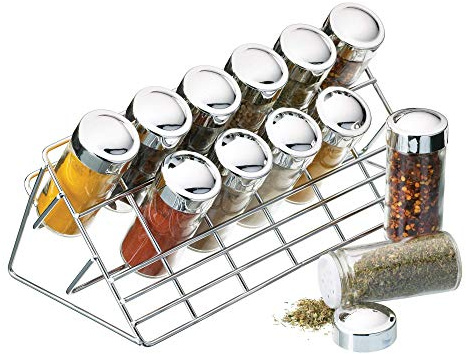 KitchenCraft Home Made Herb and Spice Rack Organiser Set with Spice and Herb Pots, Chrome / Glass, 13 Pieces