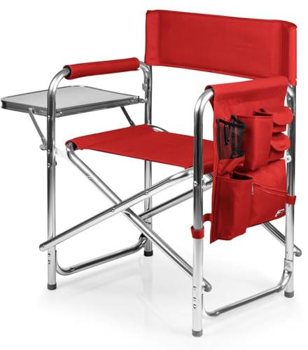 PICNIC TIME Sports Chair with Side Table and Armrest Caddy, Lightweight Aluminum Folding Outdoor Camping Chair for Adults, Portable Director Style Lawn Seating with Pockets & Carry Strap, (Red)