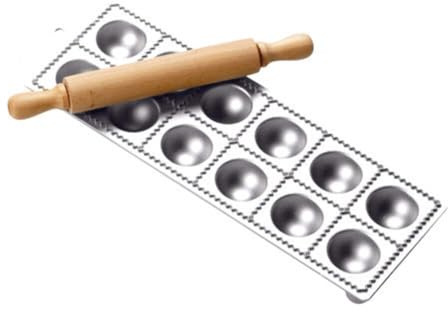 Panetta Casalinghin Alluminio, Stampo per Ravioli con mattarello in Legno, Argento, Pezzi