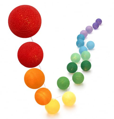 CREATIVECOTTON LED Lichterkette mit Cotton Balls inkl. Timer und Dimmer (20 Kugeln, Regenbogen)