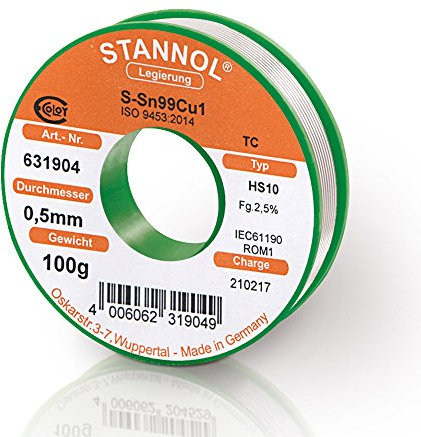 STANNOL Fil à souder Type HS10 Alliage TC Sn99Cu1 0,5 mm Bobine de 100 g
