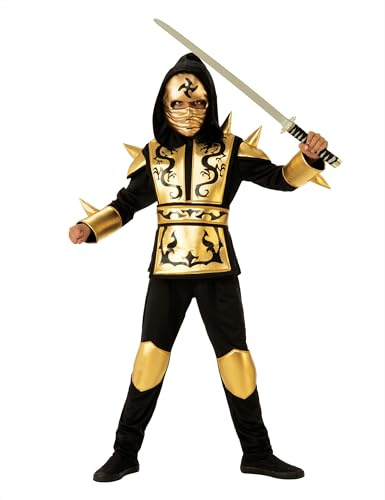 Rubies Disfraz Ninja Dragón Gold para niño, Camisa con Capucha, Pantalones, Cinturón y Máscara óptimo para halloween, carnaval y cumpleaños