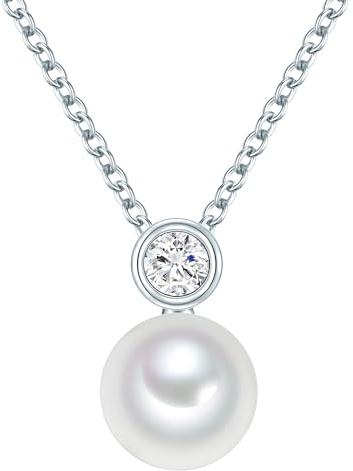 Valero Pearls Damen-Halskette 925 Sterling Silber mit Süßwasser-Zuchtperle | Perlengröße ca. 8 mm,Button-Form,Zirkonia,weiß,Silberhalskette,Kette mit Perlenanhänger,Damenhalskette mit echter Perle