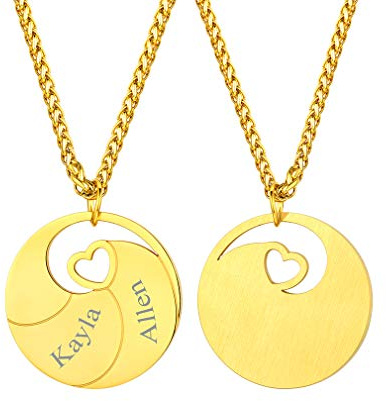 Custom4U Collier Personnalisé 2 Prénoms, Pendentif Médaillon Plaqué Or en Acier Inoxydable,Bijoux Gravé Noms de la Famille,Couple,Chaine Ajustable 55+5 cm, Cadeau Anniversaire Femme Maman,Grand Mère