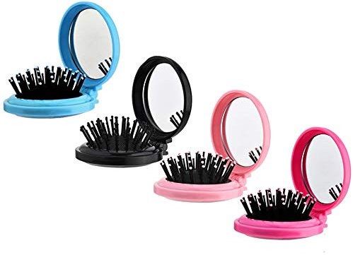 4 Pcs Round Travel Hair Brush with Mirror Folding Pocket Hair Brush Mini Hair Comb Compact Travel Size Hair Massage Combor for Women and Girls
