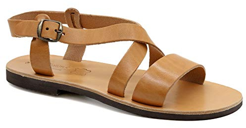 Emmanuela Gladiator lädersandaler för män, högkvalitativa handgjorda herrsandaler med justerbart spännband, grekiska sommarskor med remmar för män, Beige, 47 EU