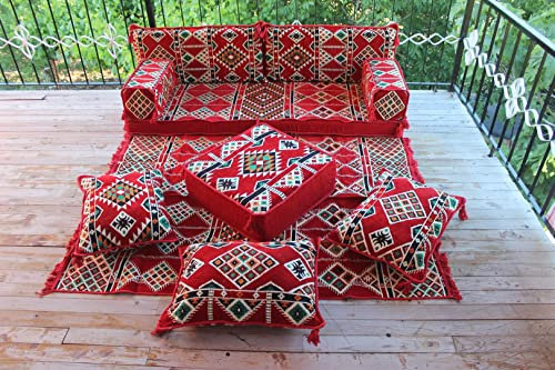 Rotes arabisches Bodensofa-Sitzset, Bodenkissen, traditionelle Sofas, osmanische Couch, marokkanische Sofas, Zweisitzer, arabische Majlis, modulares Sofa (Sofa + Ottoman + Pillows)