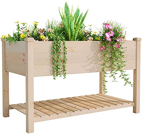 BIRASIL Outdoor Wood Raised Garden Bed, Elevated Reinforced Large Planter Box with Storage Shelf for Vegetable Flower Backyard Patio Gardening Balcony (48”L, Natural Wood)