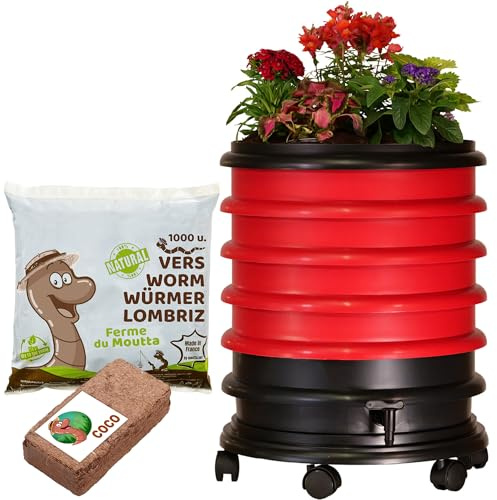 WORMbox | Vermicompostaggio 4 Vassoi Rosso + Fioriera per piante + 500g di Vermi Lombrichi / 1000 pz. + 1 Cocco | 64 Litri | Compost di Rifiuti Organici Compostiera Vermifuga Lombricompostiera