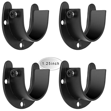 KOVOSCH 2 Pack Stainless Steel Closet Rod Brackets, 1-1/4 Inch Heavy Duty Closet Rod End Support, U-Shaped Closet Pole Holder Flange Rod Sockets with Adjustable Screws, Black