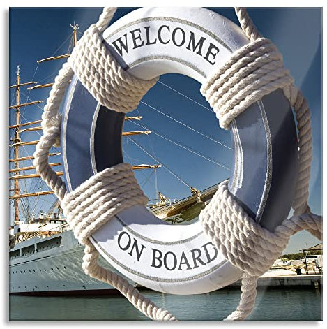 Pixxprint Glasbild, Wandbild auf Echtglas, Rettungsring vor Schiff, 70x70 cm, inkl. Aufhängung und Abstandshalter