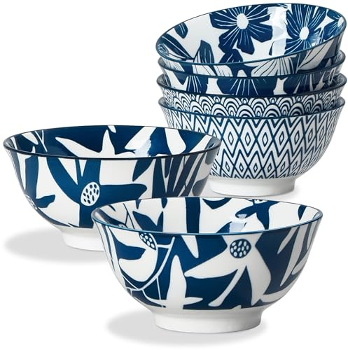ONEMORE 20 oz Ceramic Cereal Bowls Set of 6, Porcelain Dinner Bowls for Soup, Dessert, Ice Cream - Microwavable, Dishwasher & Oven Safe, Large Kitchen Bowl, Scratch Resistant - Vintage Blue & White