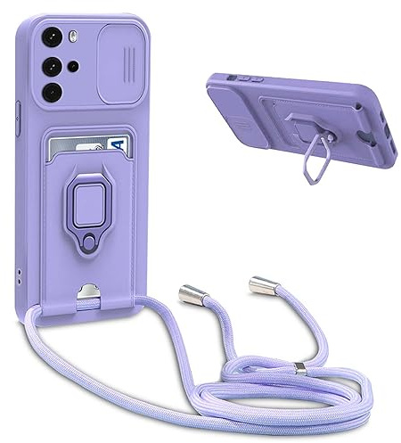 YFSYLL Funda con Cuerda Compatible con Motorola Moto G22,Ajustable Collar de Cuello Cordón Carcasa de Silicona,Protección de la cámara Funda,Anillo Soporte,Ranuras para Tarjetas,Púrpura