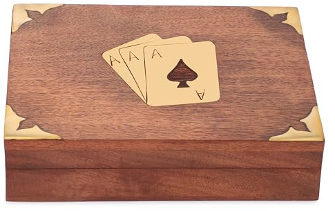Ajuny Handcrafted Wooden Double Deck Playing Card Box Holder Decorative Storage Case Organizer With 2 Set of 'Ace' Playing Cards Brass Inlay Anniversary Housewarming Gifts For Him Her