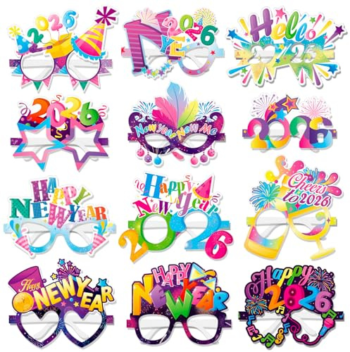 HOWAF 24 Stück Silvester Brille 2026 Farbig Silvester Deko 2026 Brille Frohes Neues Jahr Partybrille Foto Requisiten für Happy New Year 2026 Deko Silvesterdeko New Year Decoration Party Zubehör