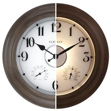 CLXEAST 24 Inch LED Illuminated Outdoor Clocks Waterproof with Thermometer & Hygrometer, Large Lighted Metal Wall Clock with Smart Night Light Sensor,Grey Oak Finish,House Warming Gifts New Home