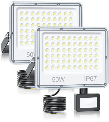 YIQIBRO Faro Faretto LED da Esterno con Sensore di Movimento 50W 5000LM 2 Pezzi, IP67 7000K Luce Fredda Lampada Faretti LED Esterno con Sensore di Movimento per Giardino, Capannone