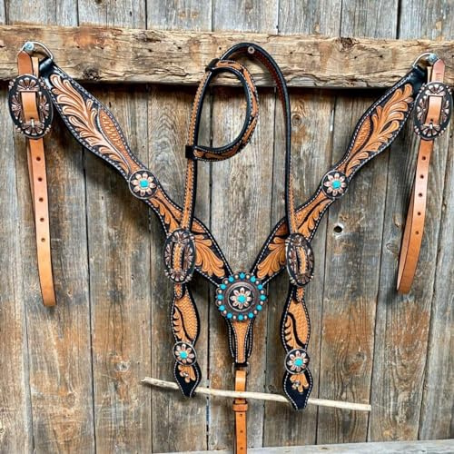 EQUIGEAR Western-Leder-Set mit handgefertigtem Kopfstück und Vorderzeug mit Zügeln. /Size-Full,Cob,Pony AV-040 (Full)