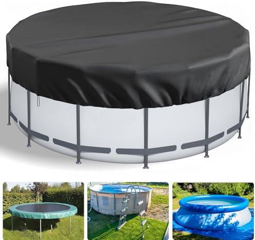 LQCOZYM Poolabdeckung Rund für 240 cm Pools, Langlebig UV-Resistente OxfordPoolplane, Sommer & Winter Pool Abdeckplane mit Abspannseile und Erdspieße, Schwarz (240CM)