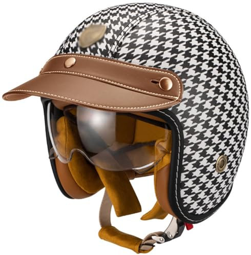 3/4 Vintage Jethelm Motorradhelm mit Lederkrempe ECE Zulassung Roller Scooter Helm Moped Mofa-Helm Chopper Retro Vintage Biker Helmet für Erwachsene Herren Damen C,M=56-57CM