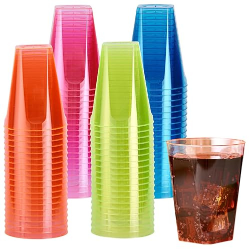MATANA 160 Bunte Hartplastik Partybecher, 210ml - Neon Becher Schwarzlicht - Mehrweg Plastikbecher, Kunststoffbecher, Trinkbecher, Cocktailbecher für Geburtstage, Kinderfeste, Hochzeiten, Partys