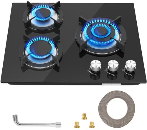 Plaque de cuisson à gaz 3 brûleurs, plaque de cuisson à gaz intégrée en verre noir avec protection anti-flamme, avec supports en fonte, convertible NG/GPL