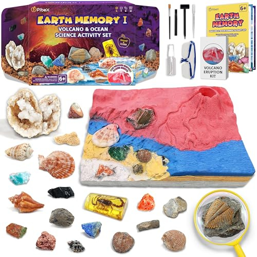 Earth Memory Volcano & Ocean Science - Juego de actividades científicas, excava más de 20 gemas auténticas, fósiles y ámbares