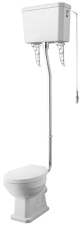 Balterley High Level Toilet Pan, Cistern, Flush Pipe Kit & Soft Close Seat, Traditional Bathroom Toilet Unit, Round Seat Pan & Pull Chain Handle Toilets for Bathrooms - 370 x 495 x 395mm (White)