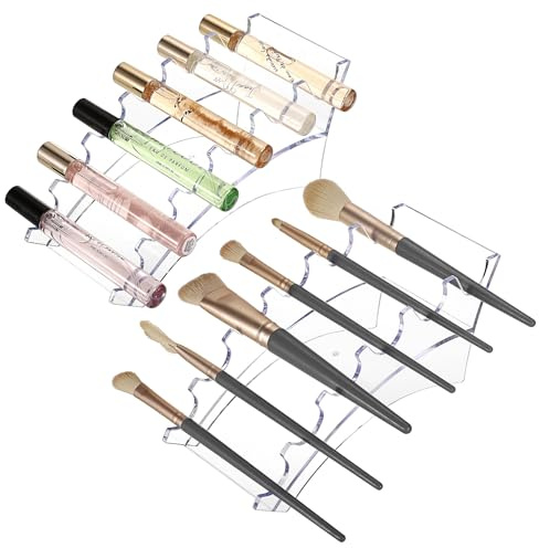 ELLDOO 2 Pack Rollerball Perfume Organizer, 6 Slots Clear Acrylic Perfume Storage Holder Beauty Scent Holder, Makeup Brush Lipgloss Lipstick Display Stand, Pen Holder for Home School Office